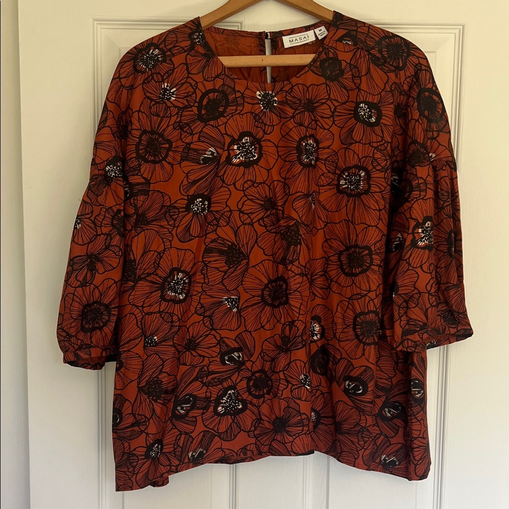 Masai Copenhagen Rust and Navy Floral Blouse- size Medium